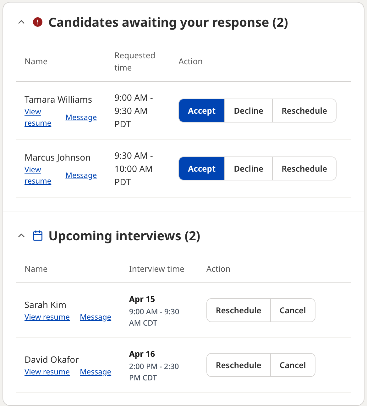 One application window from the event lobby: two candidates awaiting your response with Accept, Decline, and Reschedule buttons, and two confirmed upcoming interviews.