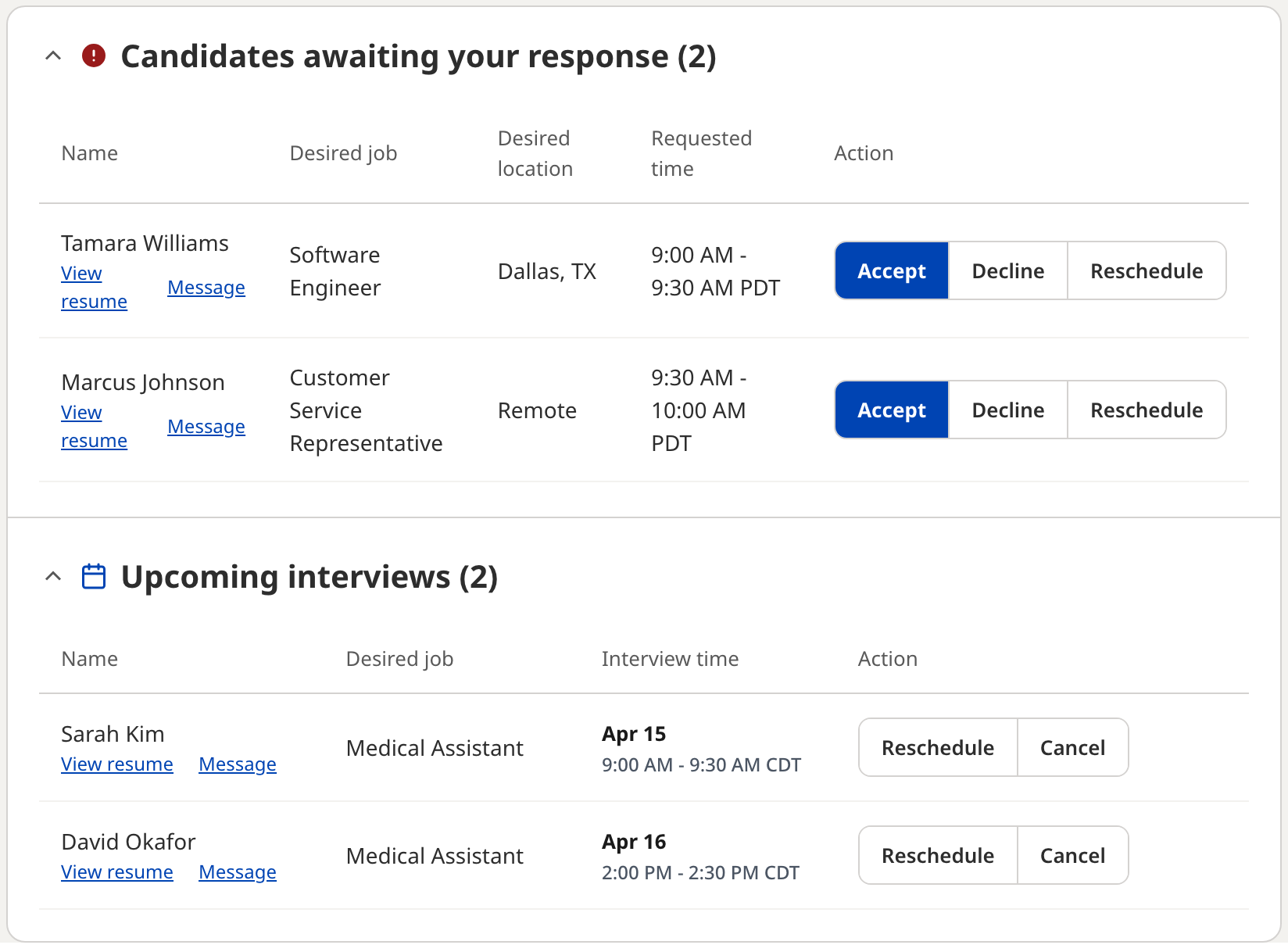 One application window from the event lobby. Candidates awaiting your response lists two candidates with their requested times and Accept, Decline, and Reschedule buttons; below a divider, Upcoming interviews lists two candidates with confirmed times and Reschedule and Cancel options.